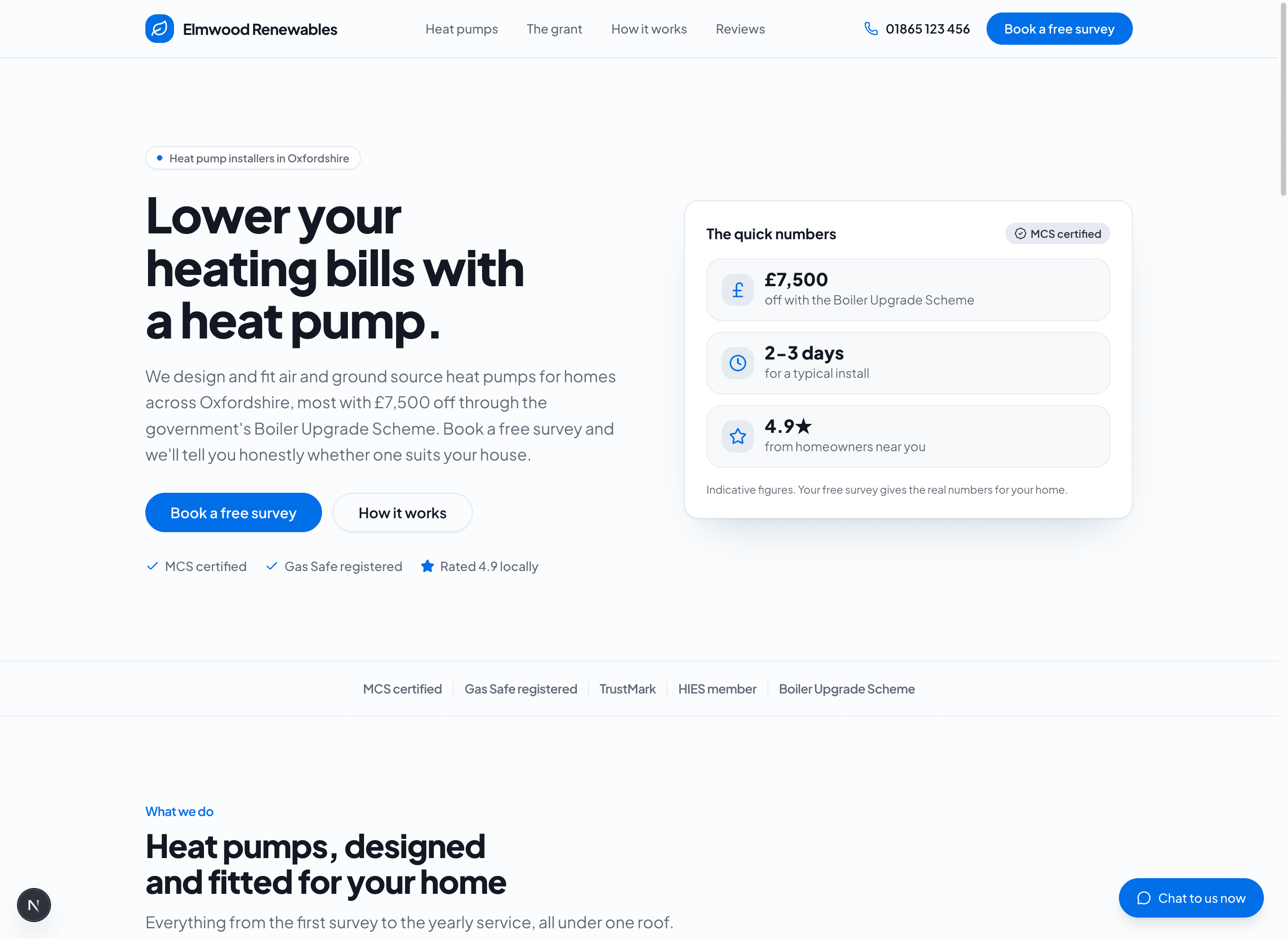 Homepage of the Elmwood Renewables heat-pump demo build